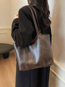 Fashion Solid Color PU Shoulder Tote Bag, Suitable For Women Shopping, Commuting And Daily Use - Coffee - View 5