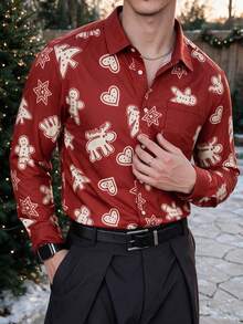 Men's Holiday Christmas Gingerbread Man All-Over Print Stand Collar Long Sleeve Shirt - Multicolor - View 3