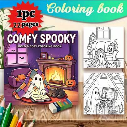 22-Page Thick Paper Cozy & Whimsical Theme Coloring Book, Fireplace Cottage Blanket Reading Little Ghost, Black Cat Pumpkin Halloween Home Scene Patterns, Bold Line Simple Line Art Easy For Beginners To Color, Adult Stress Relief Hand-Drawn Coloring, Suitable As Easter, Thanksgiving, Christmas, New Year, Valentine's Day, Halloween, Birthday Gifts, Student Back To School Art Supplies Home Doodle Goodies
