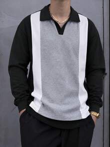 American Retro Men's Patchwork Polo Collar Sweatshirt, Vertical Stripe Colorblock Design, Loose Drop Shoulder, Daily Commute Long Sleeve Top - Black - View 1