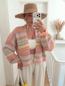Senya 2026 Women's Plush Striped Knit Cardigan, Buttonless Open Front Loose Long Sleeve Sweater Jacket, Casual Y2K Daily Autumn/Winter Top - Multicolor - View 7