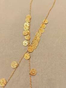 1pc Personalized Metal Disc Tassel Long Necklace, Minimalist Geometric Disc Patchwork Design, Layerable Decorative Necklace, Fashion Accessory For Daily Wear - Gold - View 4
