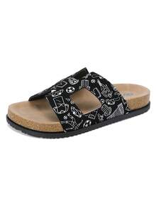 Women Marble Print Double‑Strap Cork Footbed Slide Sandals - Black - View 5