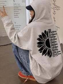 Women's Fashion Autumn/Winter Round Neck Loose Slouchy Casual Versatile Letter & Cartoon Print Sweatshirt - Light Gray - View 2