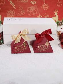 5 Buah Kotak Hadiah Piramida Selamat Natal dengan Pita Satin, Motif Pohon Natal Emas & Kepingan Salju, Kotak Hadiah Mini Elegan Merah Hijau Putih untuk Pesta Natal, Hadiah Liburan, Pernikahan & Acara Meriah - 7,5X7,5X7,5cm - View 4