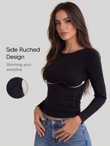 Women's Black Long Sleeve Crew Neck Slim Fit Casual Basic Top, Autumn Outfit - Black - View 1