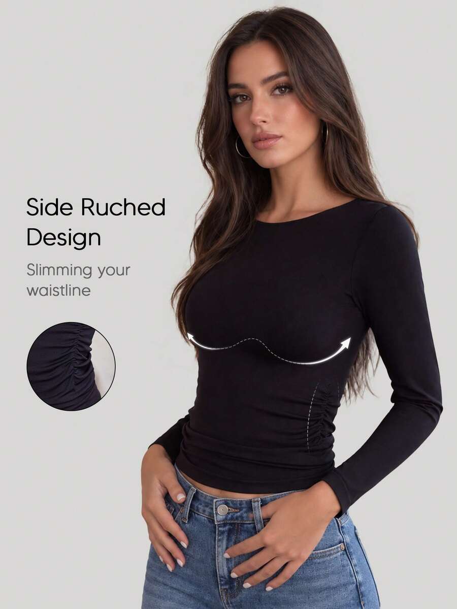 Women's Black Long Sleeve Crew Neck Slim Fit Casual Basic Top, Autumn Outfit - Black - View 1