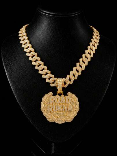 Men's Full Rhinestone ROAD RUNNER Letter Pendant Necklace, Thick Cuban Chain, Hip Hop Rap Street Style Jewelry