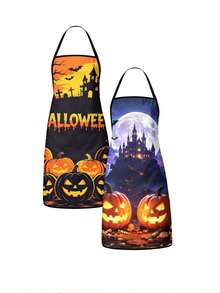 1pc/2Pcs/4Pcs Spooky Dark Halloween Apron, Witch Cauldron Haunted Castle Full Moon Pumpkin Print Apron, Cooking Baking Holiday Costume Apron - Multicolor - View 5