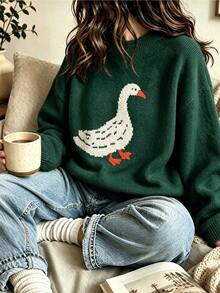 Women's Plus Size Sweater, Cute Goose Pattern, Loose Knit Pullover - Dark Forest Green - View 1
