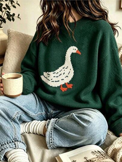 Women's Plus Size Sweater, Cute Goose Pattern, Loose Knit Pullover