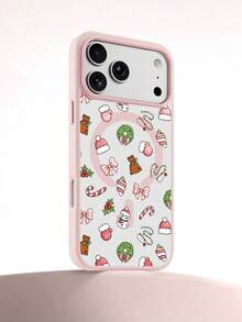 XUSTIO Christmas Snowman Santa Hat Bow Candy Cane Ribbon Magnetic Phone Case Full Coverage Shockproof Anti-Drop Couple Best Friend Style 2 Colors Available Compatible With Apple 11 12 13 14 15 16 17 18 Pro ProMax Plus Daily Commute Holiday Gift Highly Attractive Protective Cover - Pink - View 3