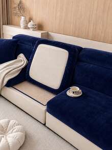 1pc Solid Color Silver Fox Fur Sofa Cover, High Elasticity Removable Washable All-Season Sofa Slipcover, Suitable For Patio, Garden, Poolside And Multiple Occasions, Single Piece Not Set Sofa Protector - Navy Blue - View 6