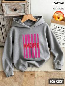 Autumn/Winter 3 Pieces Set Girls Striped, Heart & Letter Print Fleece Hoodie Long Sleeve Y2K Style - Heather Gray+Heather Gray+Heather Gray - View 4