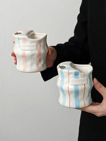 1 pieza Taza de cerámica a rayas estilo Ins, taza con pajita, para café, leche, jugo, bebida. Adecuada para el hogar, oficina, cafeterías, etc. Regalo ideal para festivales.