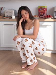 Solid Color Camisole Top And Textured Jacquard Bear Print Long Pants Loungewear Pajama Set - White - View 6