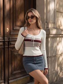 Aflion Women Fall Winter Cream Burgundy Striped Knit Sweater U Neck Drawstring Slim Fit Casual Back To School Campus Daily Class Going Out Top - White - View 7