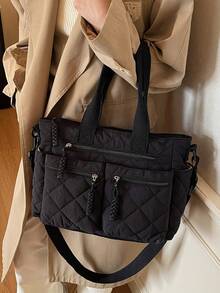 Large Capacity Tote Bag, 3D Quilted Diamond Pattern, Multi-Zipper Pocket Design, Relaxed Casual Style, Black Lightweight Crossbody Handbag, Suitable For Work Commute, Campus Study, Short Trips, Grocery Shopping, Minimalist Versatile Practical Shoulder Bag - Black - View 6