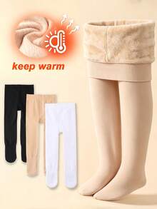 1/3 Pairs Girls Solid Color Thin Fleece Tights, Soft Warm Elastic Dance Leggings, 3 Colors Available Children Autumn/Winter Tights - Multicolor - View 1