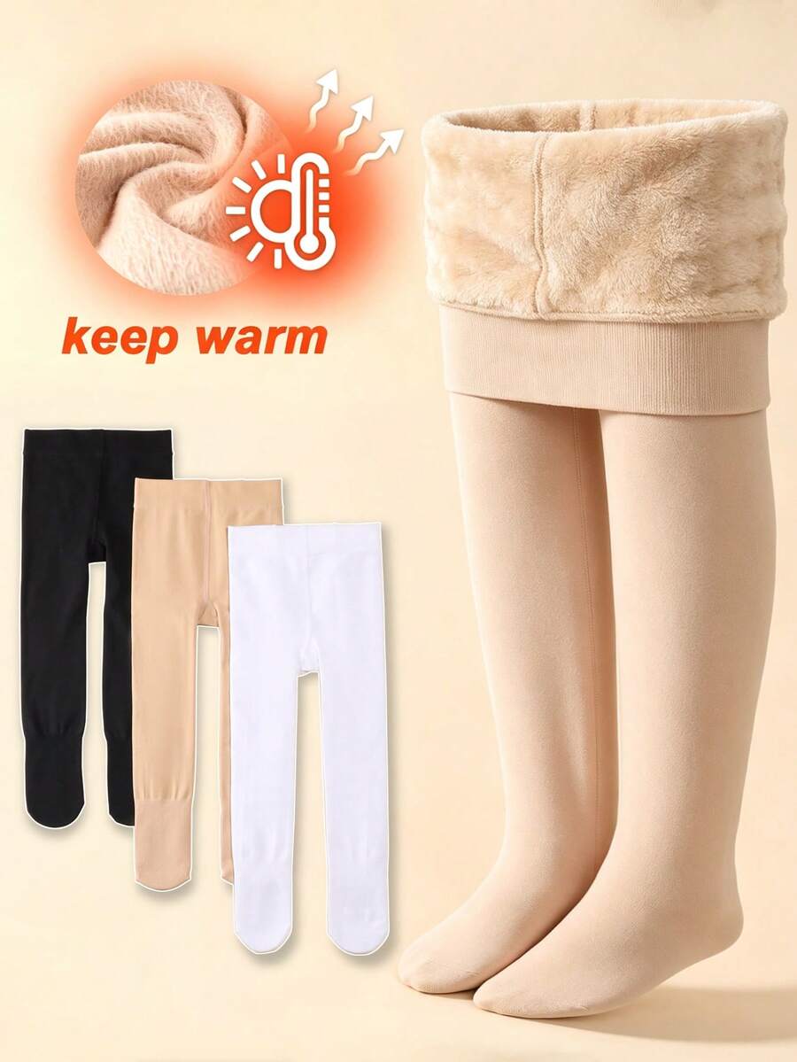 1/3 Pairs Girls Solid Color Thin Fleece Tights, Soft Warm Elastic Dance Leggings, 3 Colors Available Children Autumn/Winter Tights - Multicolor - View 1