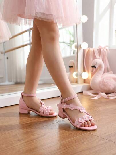 New Autumn/Summer Fashion Girls' High Heel Roman Pearl Decor Sandals, Floral Design, Student Performance Dance Shoes, Suitable For Weddings, Parties, Daily Comfortable Low Heel Shoes, Children's High Heel Crystal Princess Shoes
