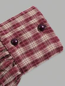 Fall Red Plaid Mock Neck Blouse Women, Front Gathered Puff Long Sleeve Back Keyhole Vintage Shirt - Multicolor - View 4
