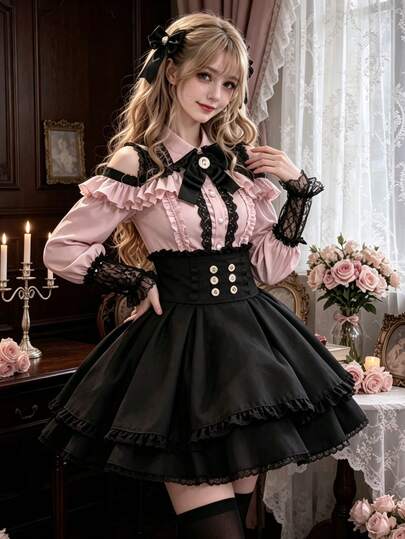 Conjunto Kawaii Estilo Jirai Kei Camisa Rosa con Encaje Falda Corta Ajustada, Blusa Hombro Descubierto Lazos Negros, Outfit Lolita Japonés Moda Goth Dulce para Mujer, Prenda de Fiesta, Salid