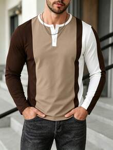 Men's Long Sleeve T-Shirt Color Block Patchwork Button Crew Neck Casual Top - Multicolor - View 2