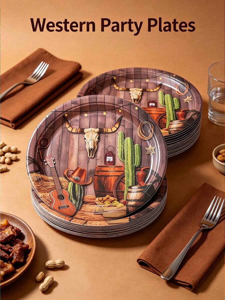 12/24pcs Set Of Plates, Dessert Plates, Western Cowboy Theme Paper Plates, 7-Inch Paper Plates, 9-Inch Paper Plates, Food Plates, Party Trays, Suitable For Receptions, Parties, Picnics And Various Holiday Decorations And Gifts - Multicolor - View 1