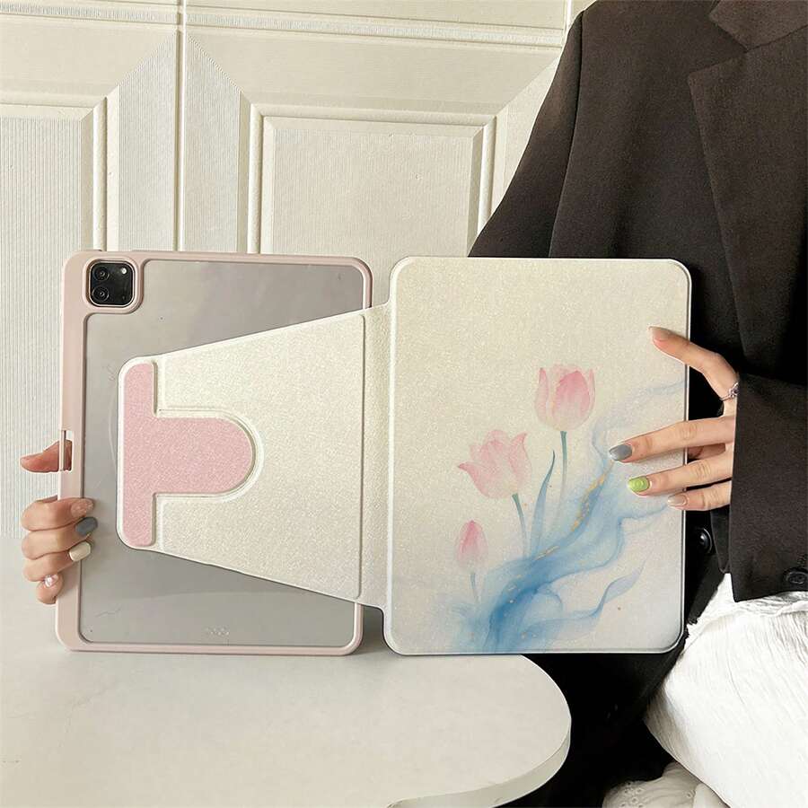 1件水彩鬱金香旋轉書本式平板保護殼，相容 A16 2025、Galaxy Tab S9 FE/S8 Plus/S7/S10、Pad、MatePad、Pad、Honor Pad、Xiaoxin Pad