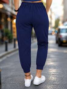 Women's Solid Color Casual Drawstring Jogger Pants Spring - Navy - View 3