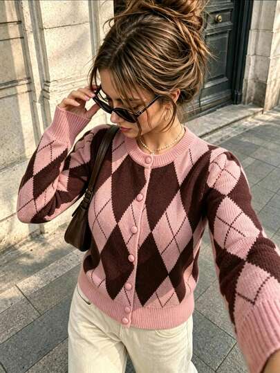 Vintage Argyle Contrast Color Knit Cardigan For Women, Pink & Brown Diamond Check Round Neck Single-Breasted Sweater Jacket, Loose Casual Style Top For Autumn/Winter