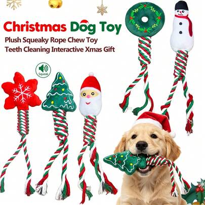Christmas Dog Rope Plush Squeaky Toy, Interactive Dental Cleaning Pet Gift, Perfect For Tug-Of-War Games, Wreath, Santa, Snowflake, Tree, Snowman, Suitable For Small To Medium Dogs (Appropriate), Great For Teething Puppies, Fun Interactive Dog Toy