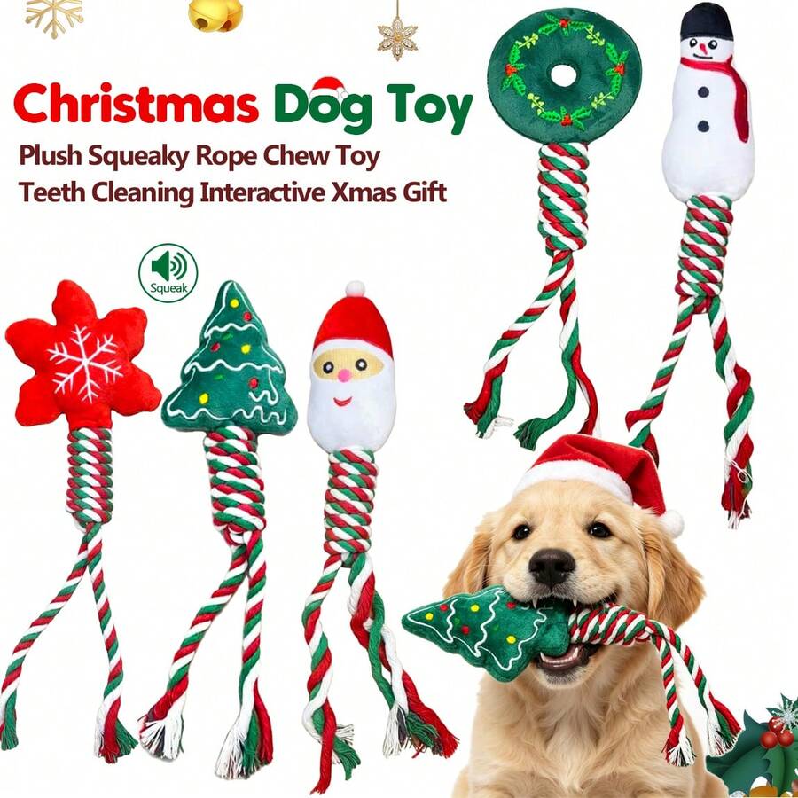 Christmas Dog Rope Plush Squeaky Toy, Interactive Dental Cleaning Pet ...