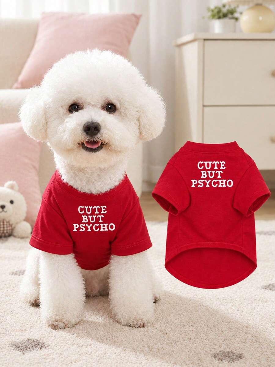 Lightweight Red Pet Outfit With Letter Print Crew Neck T-Shirt Design, Suitable For Small Cats And Dogs, Perfect For Home Or Outdoor Wear, All Seasons (This Item Runs Small, Recommend Buying 1-2 Sizes Up)