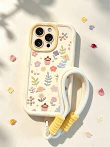 1pc Autumn Cute Pastel Floral & Acorn Print Soft Silicone Wrist Lanyard Phone Case, Shockproof Full Camera Lens Protection Cover Compatible For IPhone11/12/13/14/15/16 Pro, Pro Max/PLUS - Multicolor - View 5
