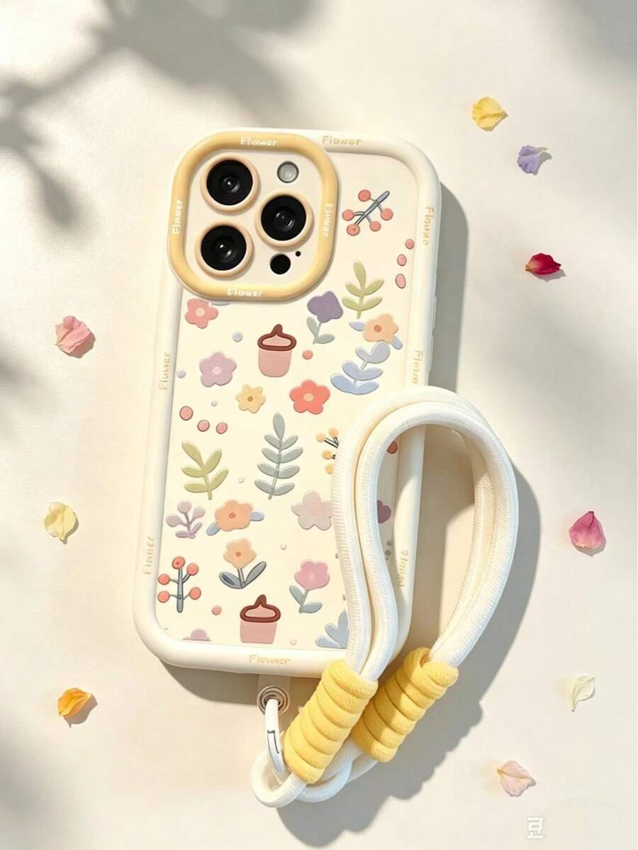 1pc Autumn Cute Macaron Color Floral & Acorn Print Soft Silicone Lanyard Phone Case, Shockproof Full Camera Protection Cover, Compatible With IPhone 11/12/13/14/15/16 Pro, Pro Max/PLUS - Multicolor - View 1