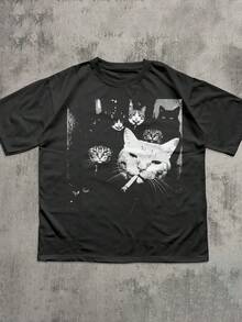 Plus Size Women's Funny Gangster Cat T-Shirt, Vintage Cat Lover, Summer Autumn, Suitable For Daily Wear - Black - View 3