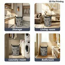 Retro Black Graffiti Label Text Print Cylindrical Laundry Basket, Foldable Storage Basket, Large-Capacity Dirty Clothes And Toy Storage Bin, Suitable For Teen Bedrooms, Dorms, And Bathrooms - Multicolor - View 6