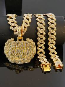Men's Full Rhinestone ROAD RUNNER Letter Pendant Necklace, Thick Cuban Chain, Hip Hop Rap Street Style Jewelry - ROAD RUNNER - View 13
