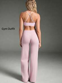 Women's Casual Sport Criss Cross Ruched Bust Removable Pads Crop Tops,Solid Color Adjustable Strap Basic Softery Camisole,For Yoga,Outdoor Sports - Pink - View 8