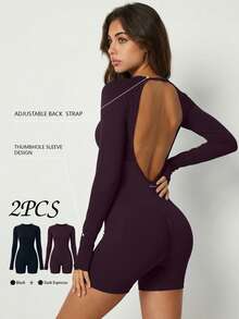 UONNOU 2pcs/Pack Long Sleeve Backless Fitness Jumpsuit, Adjustable Straps Thumb Hole Short Jumpsuit, 2 Colors - Multicolor - View 4