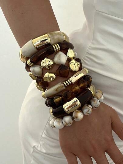 4/1pc Multi-Piece Stackable Fashionable Minimalist Elegant Exquisite Vintage Design Colorful Geometric Asymmetrical Tie-Dye Pattern Resin CCB Elastic Beaded Spliced Design Exaggerated Wide Chunky Bracelet Set Holiday Vacation Party Date Gift Daily Commute Wear Personalized
