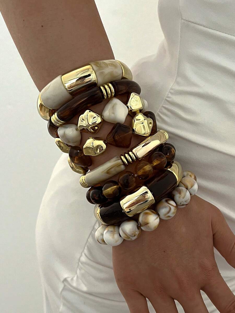 مجموعة أساور عريضة سميكة مبالغ فيها من الراتنج وCCB، مرنة ومطعمة بالخرز، بتصميم متعدد القطع قابل للتكديس، بأسلوب عصري بسيط وأنيق وفاخر بطابع فينتاج، بنمط هندسي غير متماثل ملون بتأثير التاي داي، 4/1 قطعة، مناسبة للعطلات والإجازات والحفلات والمواعيد، هدية شخصية للارتداء اليومي والتنقل - متعدد الألوان - مشاهدة 1