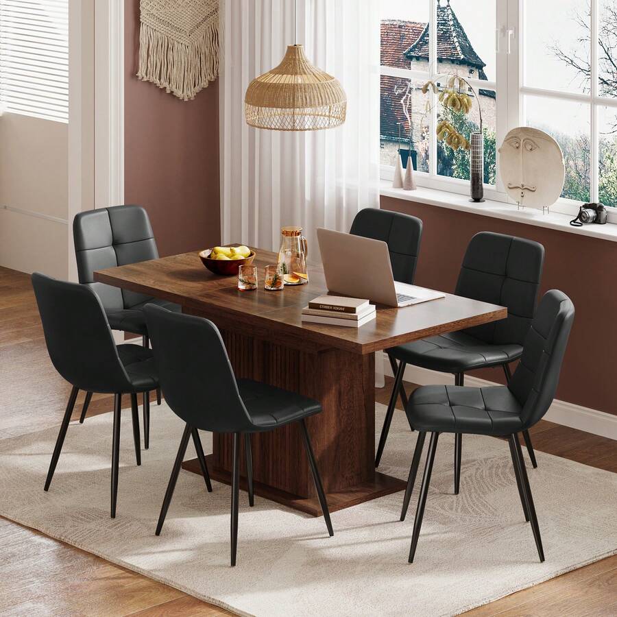 Extendable Dining Table And Chairs Set Of 6, Rectangular Dining Table With Storage Rack And Padded Chairs, Durable Dining Furniture Set Suitable For Dining Room And Kitchen - Brown Table + Black PU Chair - View 1