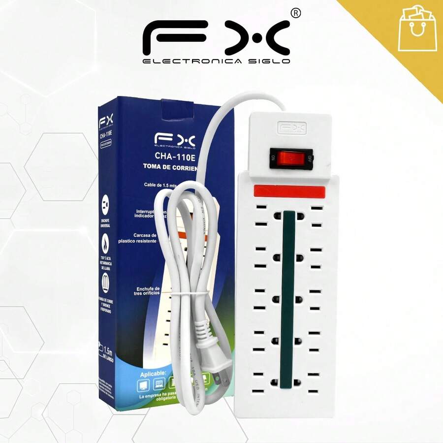 CHA‑110E Power Strip, 10 Outlets With On‑Off Switch, 1.5m Cable, American Plug - White - View 1