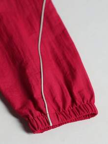 Plus Size Colorblock Stand Collar Drawstring Jacket, Street Travel Airport Date College Style Outerwear, Autumn/Winter Recommended Item - Red - View 7