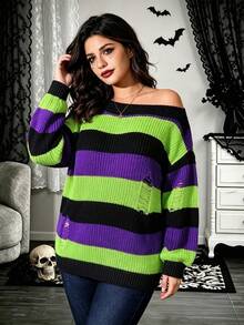 Sweater Rajut Halloween Musim Gugur/Dingin 2026 untuk Wanita Ukuran Besar, Gaya Punk Gothic Y2K, Pullover Bahu Terbuka dengan Detail Rusak, Atasan Pullover Rajut Kasual Bergaris Blok Warna - MultiWarna - View 4