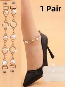 1/3 Pair Faux Pearl Solid Color Minimalist Practical Multi-Functional Elegant Black High Heel Sandals With Gold Chain Ankle Strap - Adjustable, Non-Slip, Invisible Buckle Design, Fashion Footwear, Shoe Style | Gold Chain Detail | PVC Material - Multicolor - View 15