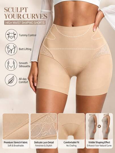 Shorts de moldeadores de cintura alta con encaje para mujer, control de abdomen sin costuras, levantador de glúteos, faja para cintura, shorts moldeadores